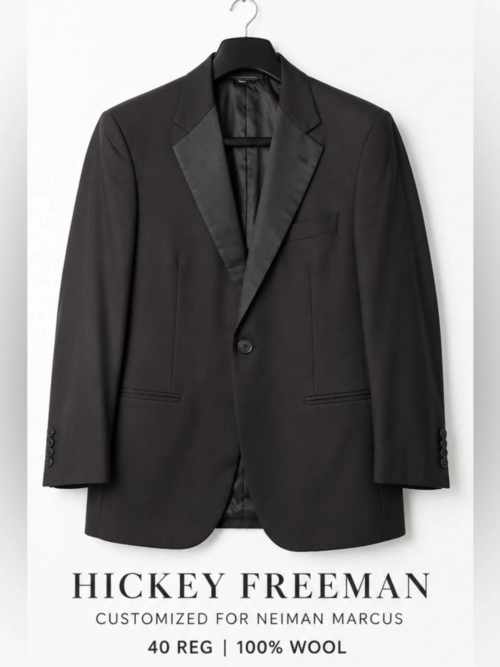 Hickey Freeman Neiman Marcus 40R Blck 100% Wool Tuxedo Dinner Jacket Satin Peak